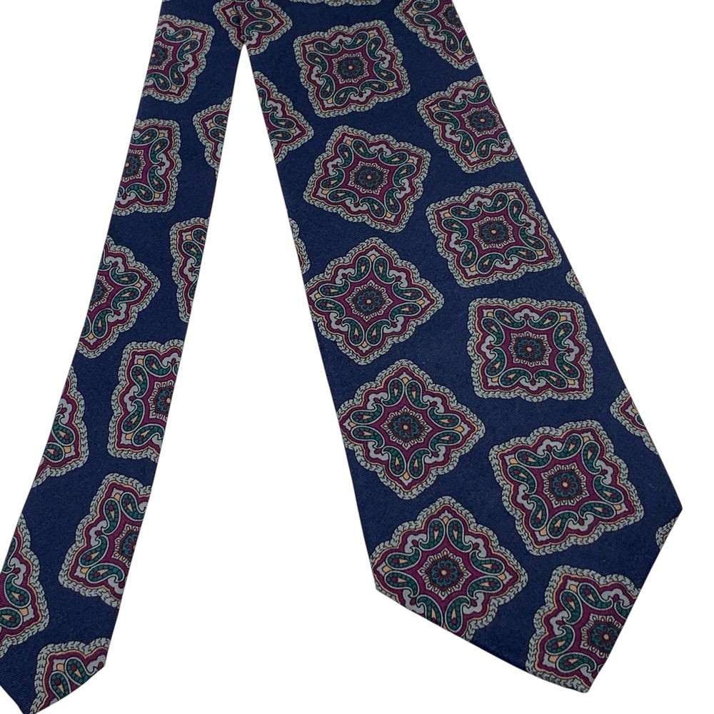 Bert Pulitzer Hand Printed Silk Foulard‎ Necktie Navy/Burgundy Green Medallion - Picture 2 of 4